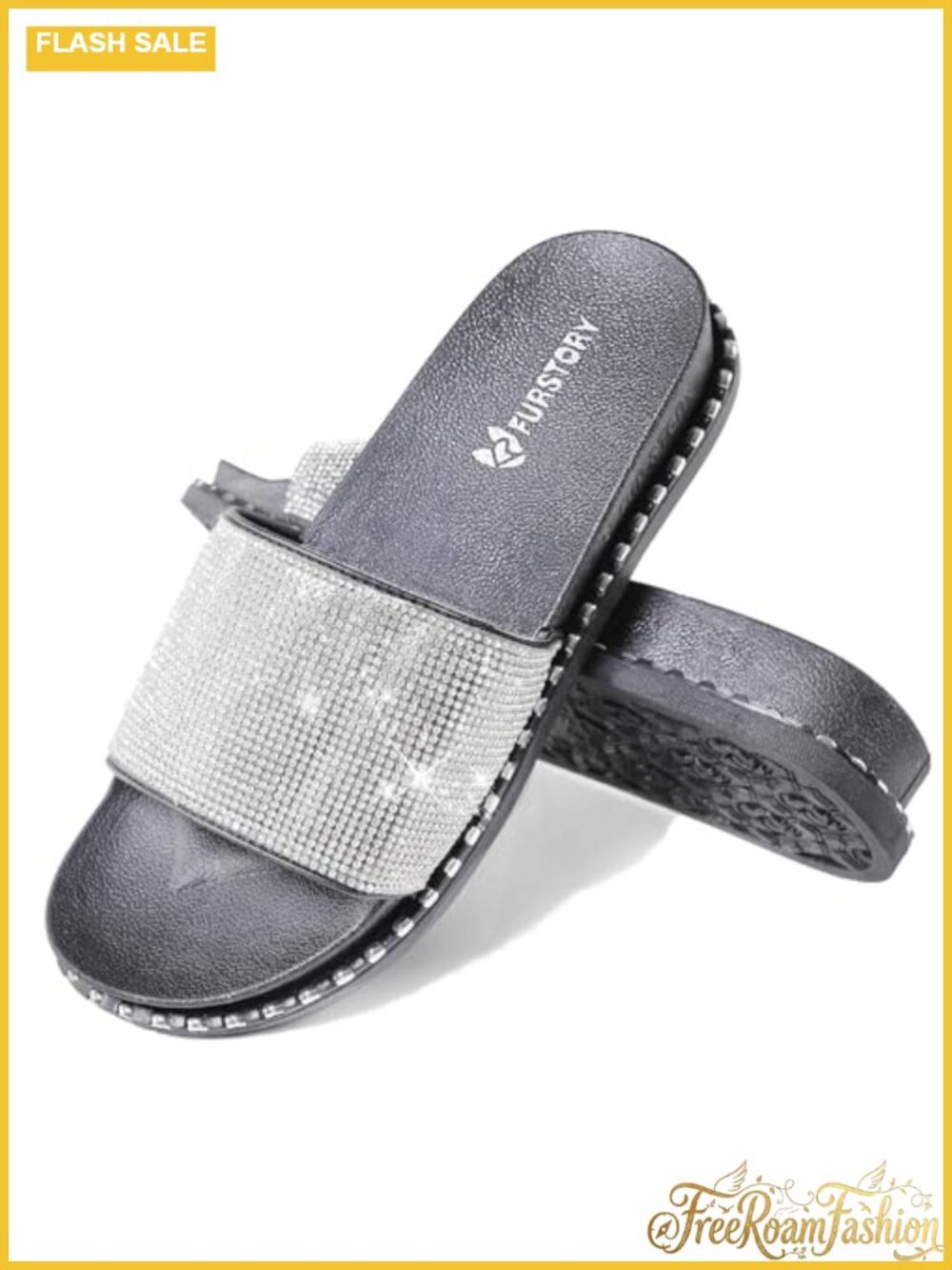 Fur Story Womens Platform Slides Rhinestone Glitter Slippers Non-Slip